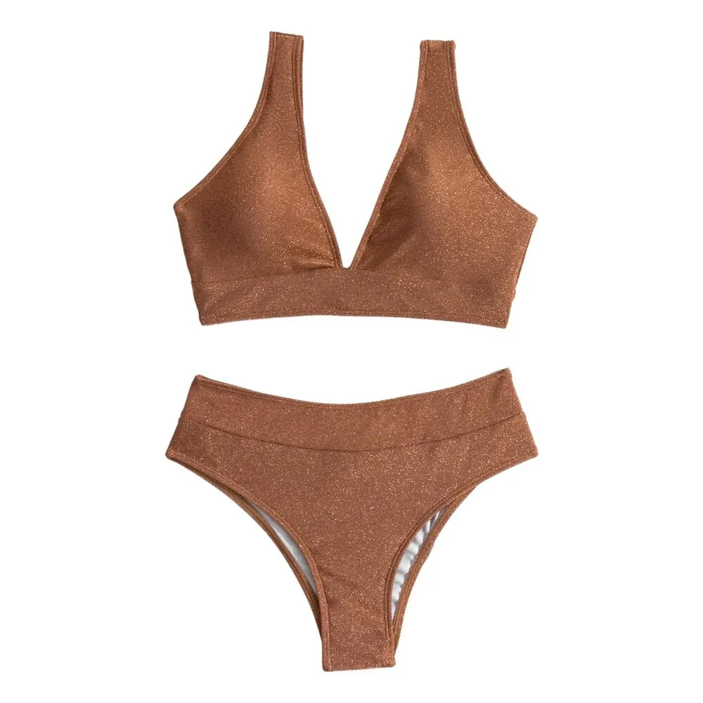 SweatyRocks Women's Rust Brown Solid V Neck High Waist Bikini Set Summer M